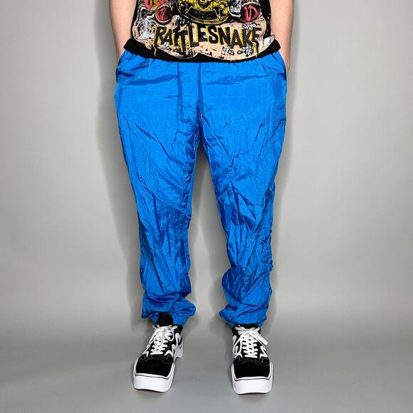 Vintage 90s Nylon Track Pants Mens M Baggy Fit Pacific Blue Nylon Joggers - Picture 2 of 4